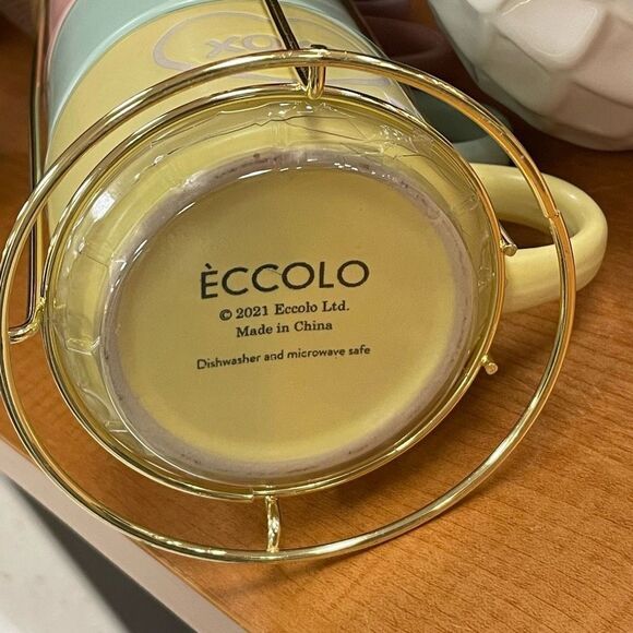 NWT Eccolo Set of 4 Stackable Mugs with Gold Rack White Hearts & Letters Pastel - Picture 9 of 11